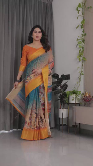Peachmode Mustard Handloom Linen Cotton Floral Print Saree - Video 2