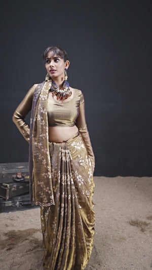 Designer Dark Mustard Satin Silk Saree With Leaf Foil Print & Stone Work Border