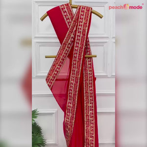 Red Solid With Embroidered Border Georgette Saree