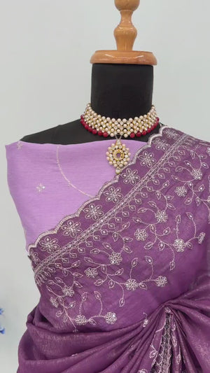 Dusty Lavender  Silk Blend Crush Saree Adorned With Floral Thread Embroidery & Sequins