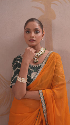 Mustard Zari Embroidered Georgette Saree Accented With Sequins