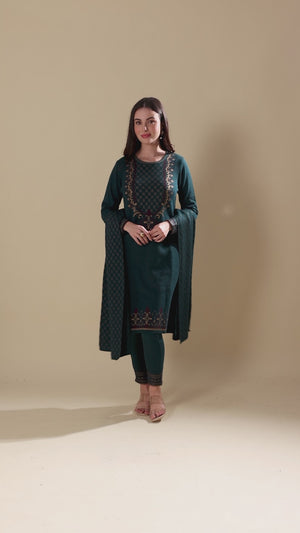 Dark Teal Floral Woolen Salwar Suit
