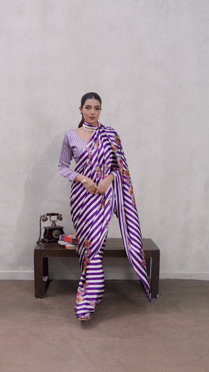 Purple Elegant Ajrakh Printed Modal Satin Saree Designed for Festive & Party Occasions