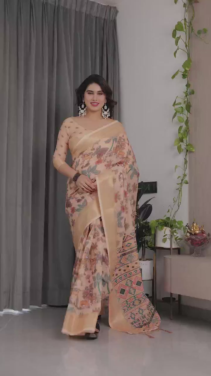 Peachmode Cream Handloom Linen Cotton Floral Print Saree - Video 2
