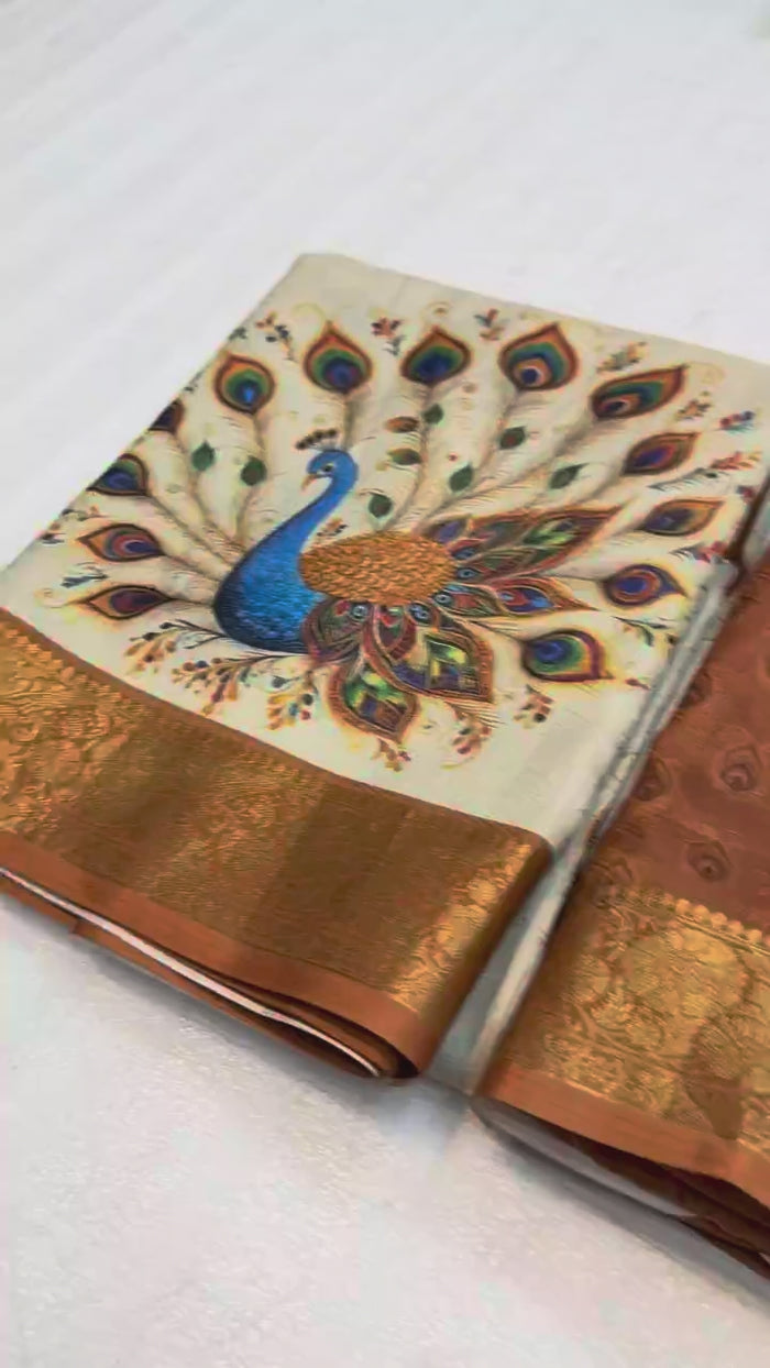 Peachmode Cream Soft Marshmallow Saree with Digital Print - Video