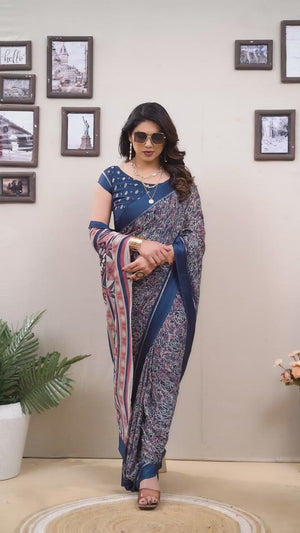 Blue Floral Print & Zari Work Moss Satin Saree With Satin Patta