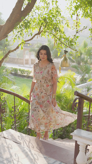 Light Olive Digital Floral Printed Chiffon Maxi Dress