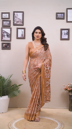 Dusty Peach Floral Print & Zari Work Moss Satin Saree With Satin Patta