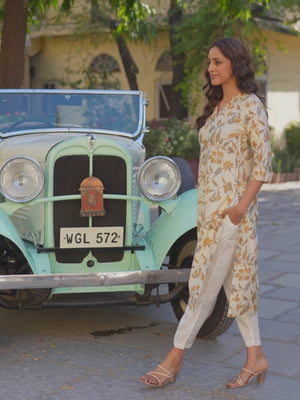 Off White Floral Printed Pure Cotton Straight Kurti