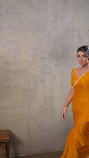 Mustard Solid Chiffon Saree With Sparkling Zarkan Border & Latkan Pallu