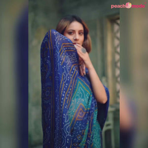 Blue & Teal Bandhani Printed Chiffon Saree