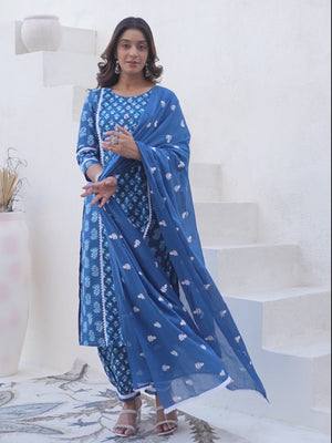 Navy Blue Floral Printed Cotton Suit With Straight Cut Design
