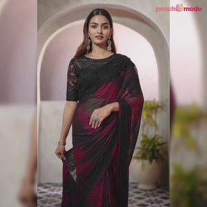 Magenta & Black Floral Sequins Embroidered Georgette Saree