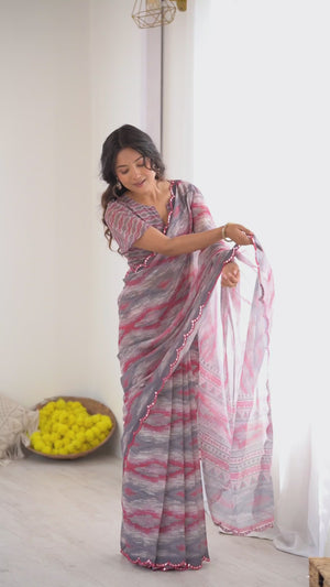 Grey Georgette Saree Featuring Digital Print & Mirror Embroidery Border