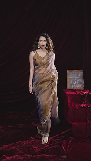 Glamorous Brown Two Tone Satin Silk Saree Adorned With Beads & Stones Embellishment