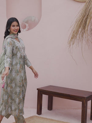 Olive Printed and Embroidered Pure Cotton Salwar Suit in Flattering A-Line Cut