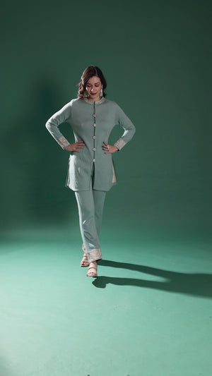 Pista Green Woven Woolen Front Slit Top Bottom Set