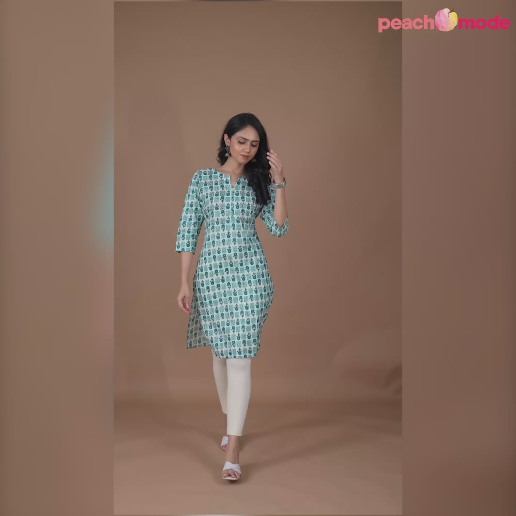 Sea Green Floral Printed Pure Cotton Straight Kurti