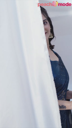 Morpich Blue Floral Swarovski Work Rangoli Art Silk Ready To Wear Saree