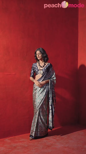 Classic Green & Black Saree with Timeless Ajrakh Designs on Satin Crepe