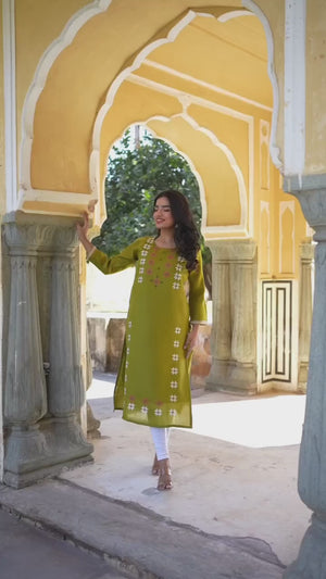 Olive Floral Embroidered Viscose Straight Kurti
