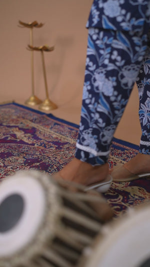 Navy Blue Floral Printed Pure Cotton Top Bottom Set