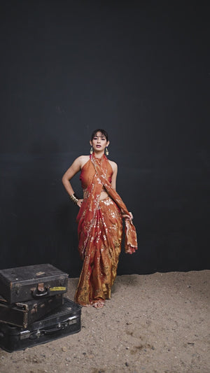 Designer Rust Orange  Satin Silk Saree With Leaf Foil Print & Stone Work Border