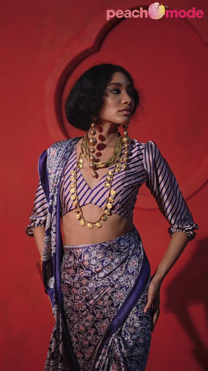 Classic Navy Blue Saree with Timeless Ajrakh Designs on Satin Crepe