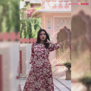 Maroon Floral Printed Chanderi Silk Dress