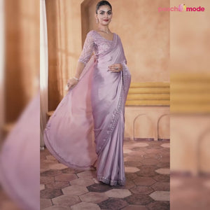 Pastel Purple Sequins Embroidered Satin Silk Saree