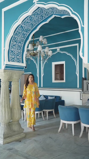 Yellow Floral Printed Chinon Co-Ord Set With Shell Beads Work