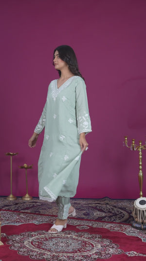 Sea Green Floral Embroidered Chanderi Top Bottom Set