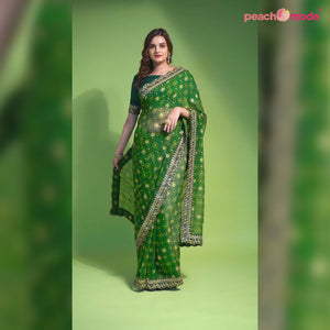 Green Bandhani Foil Printed Georgette Saree With Embroidered Border