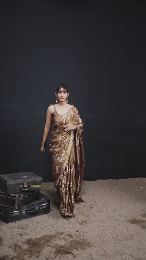 Designer Brown Satin Silk Saree With Leaf Foil Print & Stone Work Border
