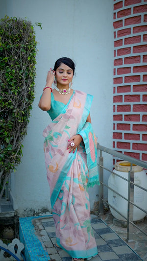 Beautiful Light Peach Tissue Handloom Saree with Detailed Digital Floral Embellishments