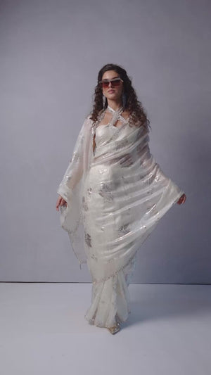 Designer Off White Satin Silk Saree Adorned with Foil & Stone Embellishments