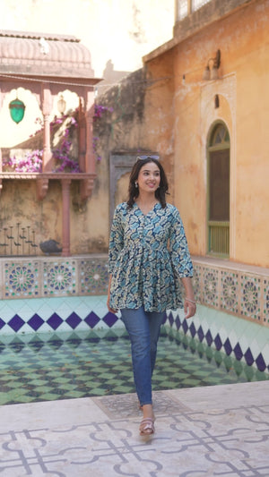 Turquoise Floral Printed Rayon A-Line Top