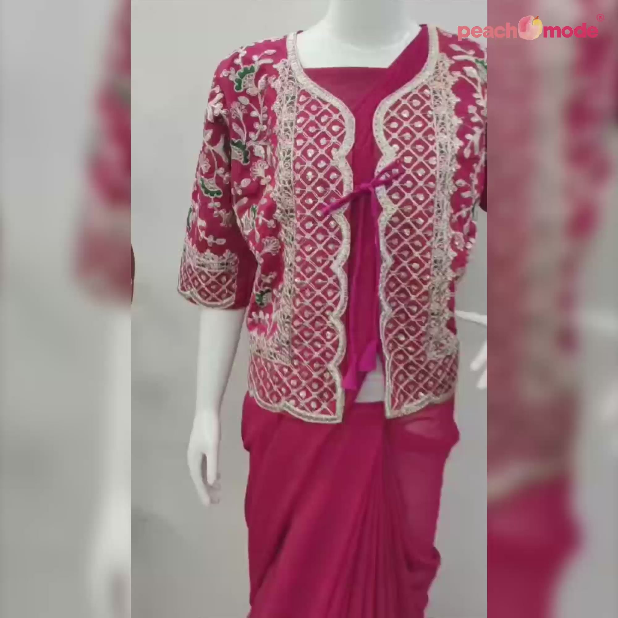 Pink Woven Georgette Saree With Embroidered Jacket