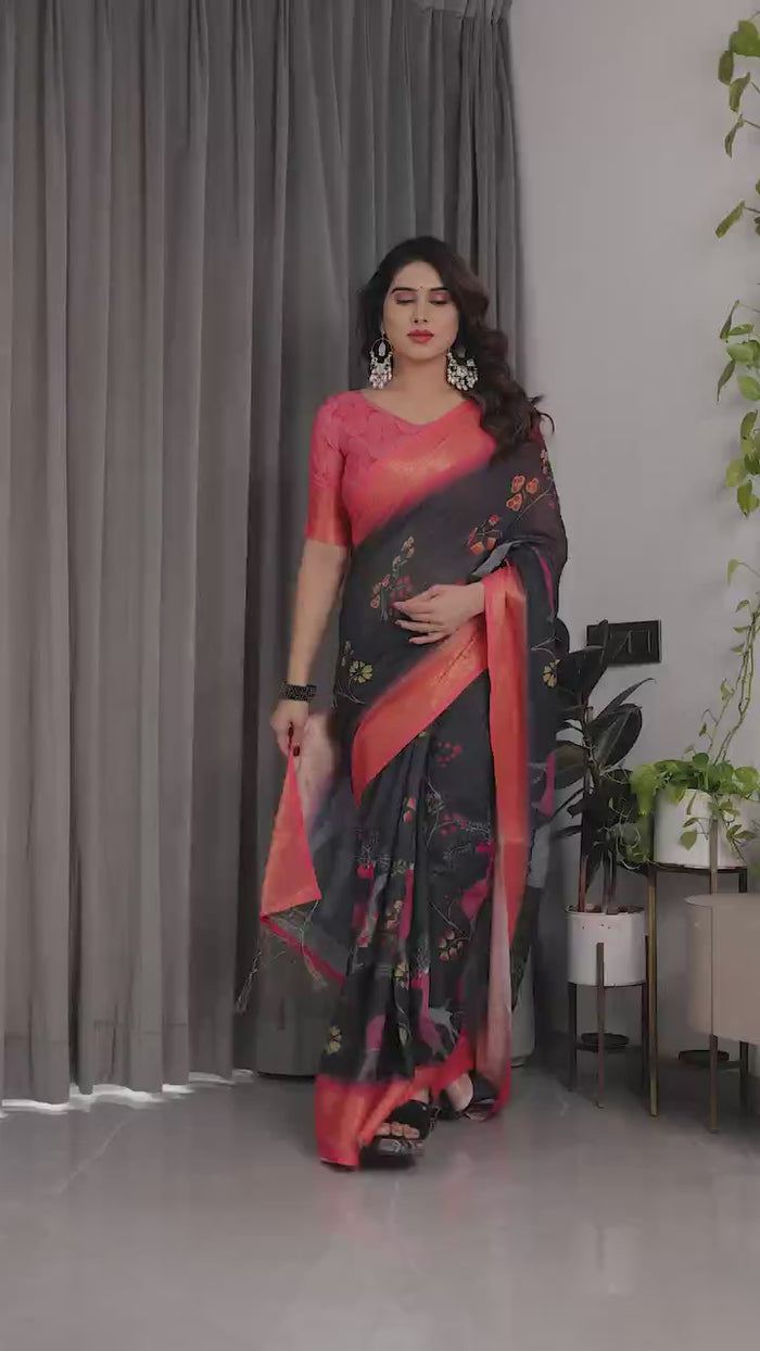 Peachmode Black Handloom Linen Cotton Floral Print Saree - Video 2