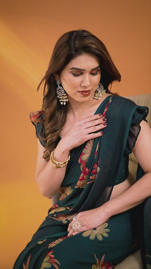 Green Printed Saree with Zari Woven Charm in Satin Fabric