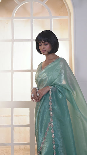 Elegant Light Sea Green Pure Silk Saree Enhanced With Premium Zarkan Cutwork Embellishment