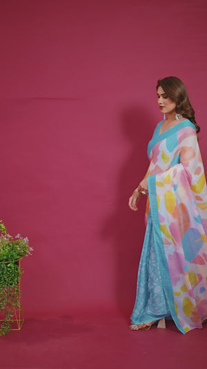 Elegant Sky Blue Abstract Print Saree in Lightweight Chiffon