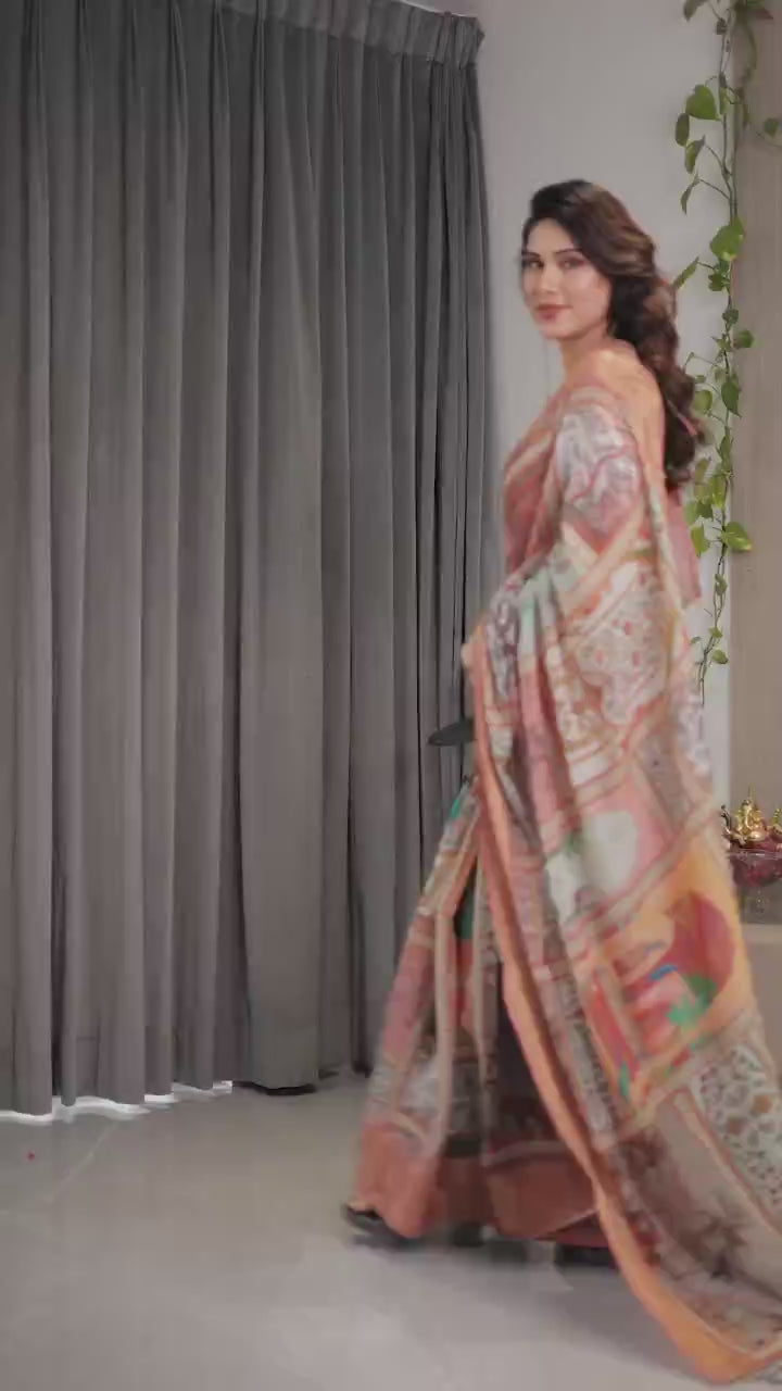 Peachmode Peach Handloom Linen Cotton Floral Print Saree - Video 3