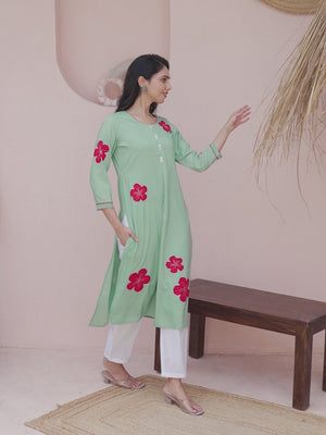 Sea Green Cotton Blend Straight Kurti with Embroidered Floral Patterns