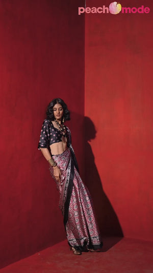 Classic Maroon & Black Saree with Timeless Ajrakh Designs on Satin Crepe