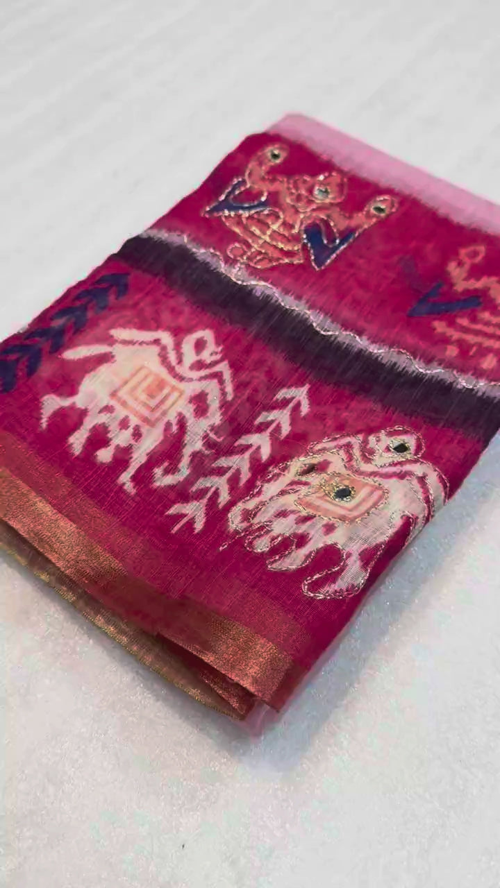 Peachmode Pink Linen Saree with Digital Print and Zari Work - Video 2