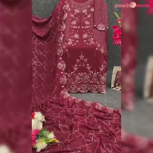 Maroon Floral Embroidered Georgette Semi Stitched Pakistani Suit