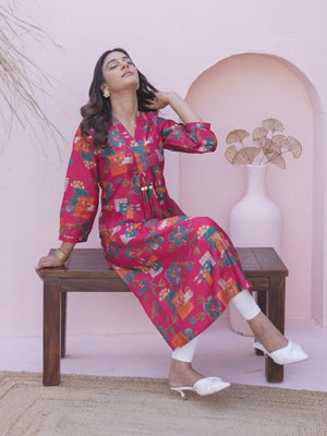 Pink A-Line Kurti in Soft Viscose with Floral Design