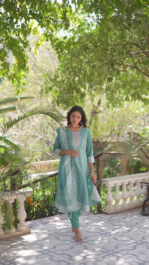 Dark Turquoise Woven With Handwork Jacquard Straight Salwar Suit