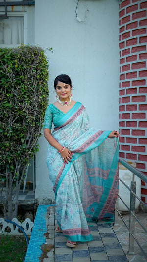 Beautiful Mint Green Tissue Handloom Saree with Detailed Digital Floral Embellishments